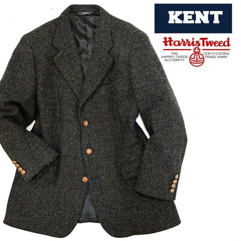 美品!!KENT HOUSE Harris tweed 英国調 3B テーラード ジャケット(MB L相当) チェック柄グレー メンズ スーツ 紳士服 ハリスツイード