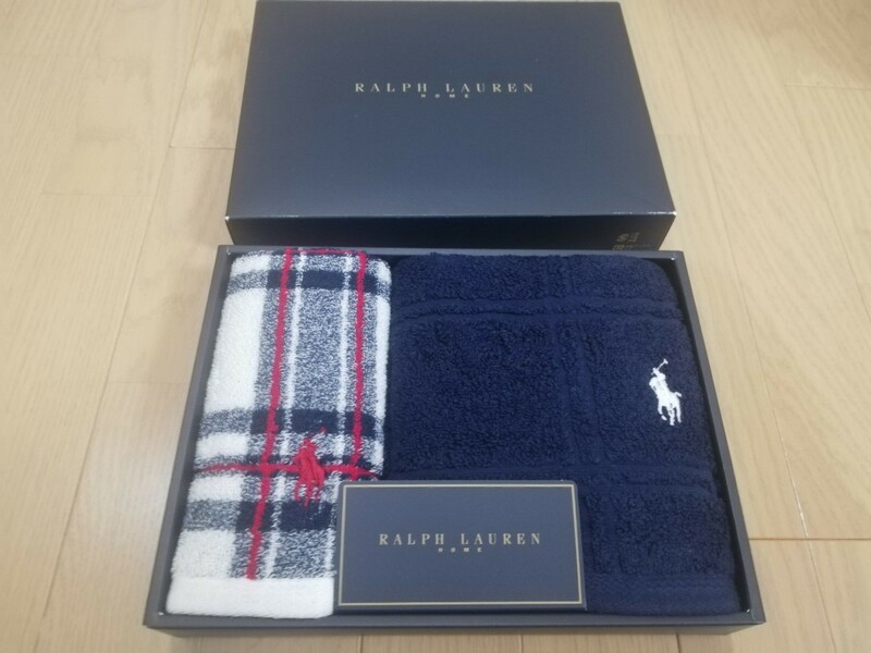 未使用品　RALPH LAUREN・ラルフローレン“【ハンドタオル＆フェイスタオルセット】◆フェイスタオル(ネイビー)ハンドタオル(チェック柄)