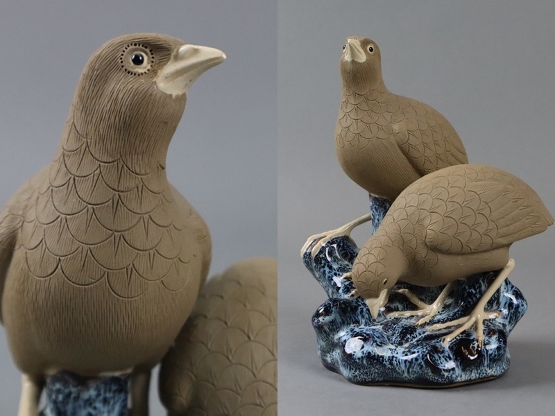 中国美術 石湾 海鼠釉 鶉 置物 唐物 鳥 細密細工 古美術品[b1360]