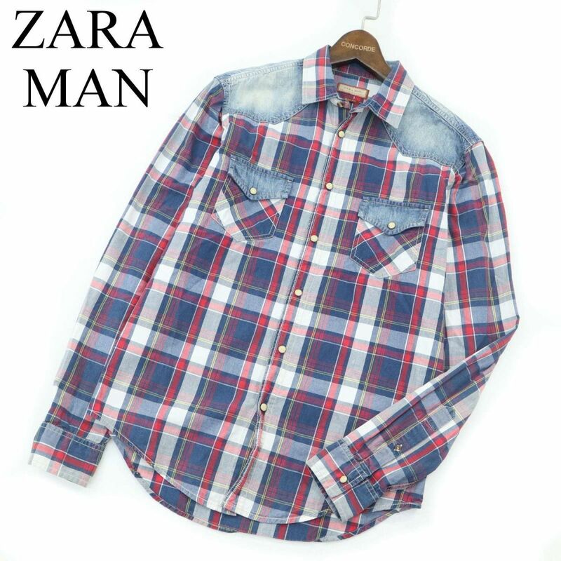 ZARA MAN ザラ マン SLIM FIT★ 通年 USED加工 デニム切替 長袖 ウエスタン チェック シャツ Sz.M　メンズ　A3T14635_C#C