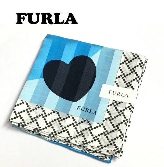 【FURLA】（NO.2160)　フルラ　大判ハンカチ　シルク　絹　スカーフにも　ハート柄　ブルー系 　未使用　58cm