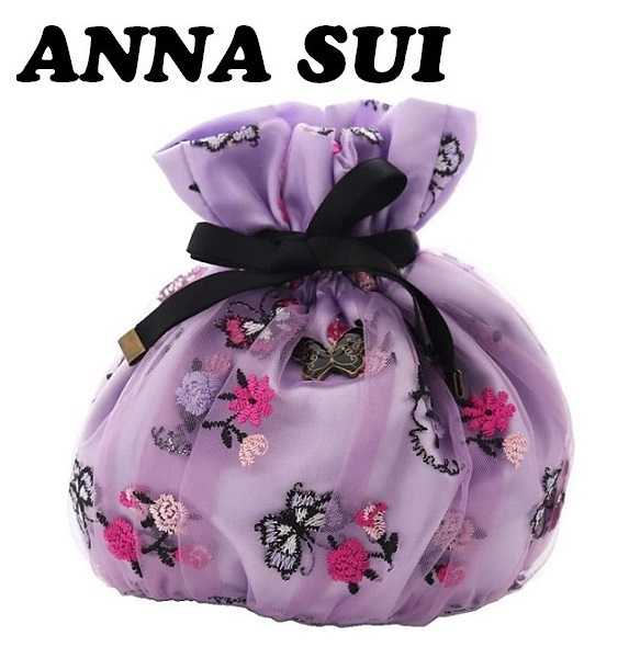 【ANNA SUI】(NO.5468)アナスイ チュール地巾着ポーチ　パープル　蝶々と薔薇　未使用