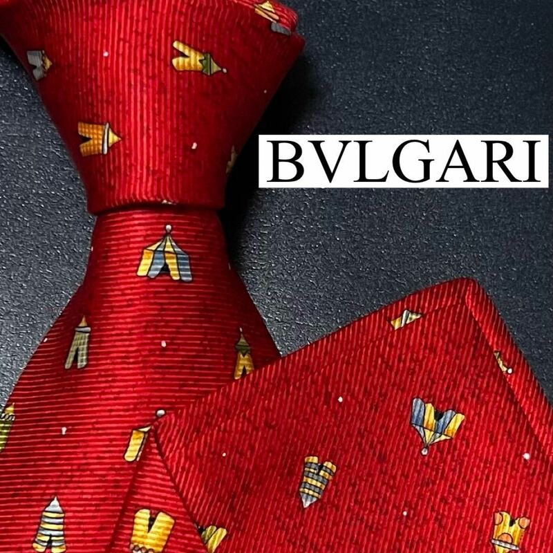 極美品 BVLGARI ブルガリ メンズ ネクタイ シルク セッテピエゲ ロゴ 刺繍 ジャガード イタリア製 ピクトリアル テント 赤 レッド