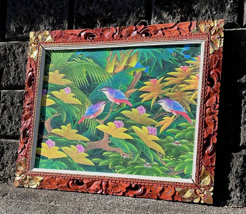 ビンテージ バリ絵画 ブンゴセカン 25号サイズ 幅95×高さ75㎝ 色彩豊かな花鳥風景図と彫刻のウッドフレームが調和した美しい逸品！