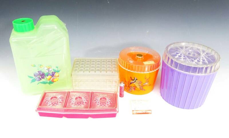 ◆(TD) 昭和レトロポップ プラスチック キャニスター 5個 セット まとめて 鶴 花 ユニーク シュガーポット 容器 小物入れ キッチン雑貨