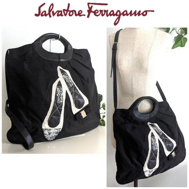 良品 Salvatore Ferragamo フェラガモ ナイロン レザー ショルダーバッグ 鞄 ハンドバッグ トートバッグ 黒 ブラック レディース メンズ
