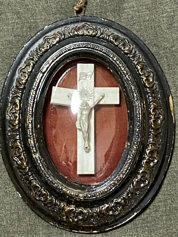 アンティーク メダイヨン ガラスドーム イエス様 壁掛け イエスキリスト キリスト イエス・キリスト 十字架 ベルギー