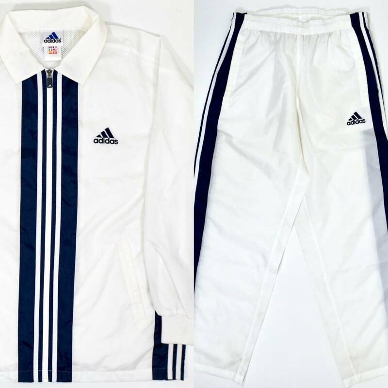 90年代 Adidas セットアップ L ナイロンジャケット スポーツパフォーマンスロゴ 白 ネイビー