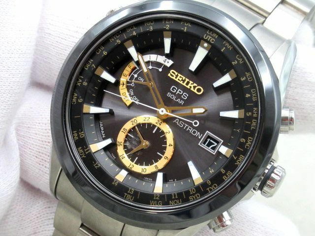 ■稼働品 SEIKO セイコー 7X52-0AA0 アストロン GPS 電波ソーラー 黒文字盤 デイト メンズ 腕時計 セラミック チタン ブラック×シルバー系