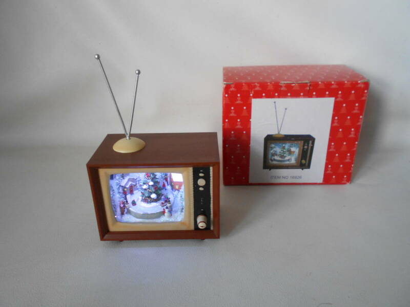 H / 函館クリスマスファクトリー クリスマス レトロTV テレビ型 ミュージカル テレビ ソリで遊ぶ子供たち LEDライト 8曲収録 箱付き 小型 