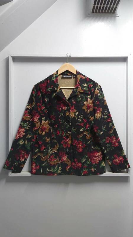 90’s BRIGGS NEW YORK 花柄 オープンカラー シャツジャケット ブラック M 総柄 開襟 長袖