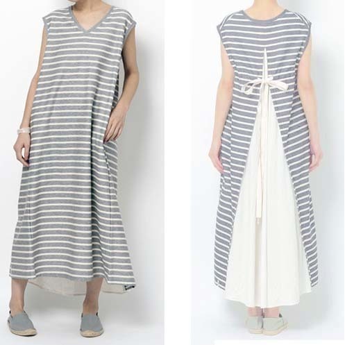 MILKFED. V-NECK STRIPED BACK RIBBON DRESS バック異素材切替 ストライプ ボーダー ロング マキシ ワンピース ドレス グレー×白 リボン S