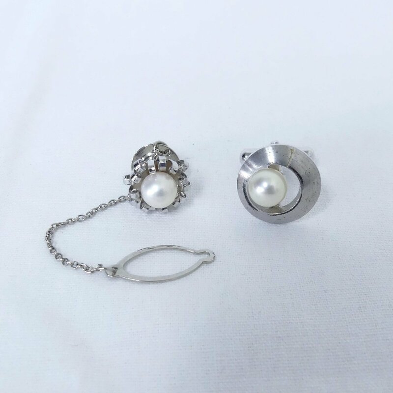 パール 真珠 SILVER刻印あり カフス タイタック メンズアクセサリー シルバー ２点 USED /2312C