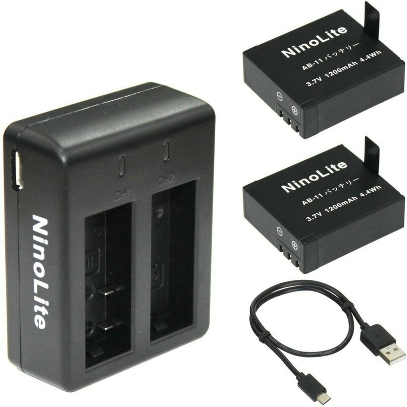 AB11_b アクションカメラ バッテリー 2個 と USB充電器 3点セット AKASO EK5000 EK7000 EK7000 PRO 等対応 NinoLite AB-11