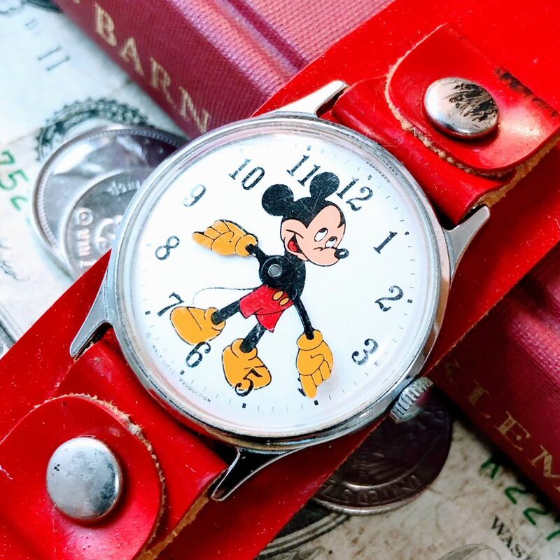 #2867【超可愛い！】 ディズニー ミッキーマウス 機械式 手巻き 腕時計 レディース ヴィンテージ アンティーク 動作品 インガーソル メンズ