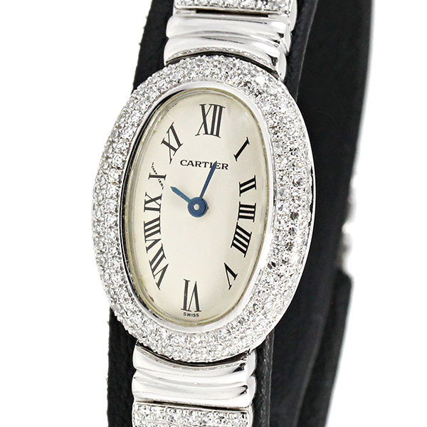 豪華 カルティエ Cartier ミニベニュワール SM クォーツ K18WG レディース腕時計 アフターダイヤ ブレス社外製 63.29g