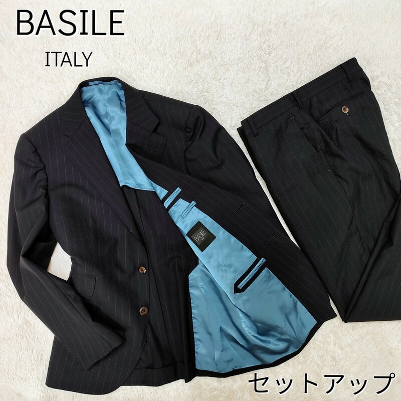 【上質】BASILE バジーレ☆メンズ ストライプスーツ セットアップ　ネイビー/アクアマリン 日本製 Sサイズ相当 スタイリッシュ オシャレ