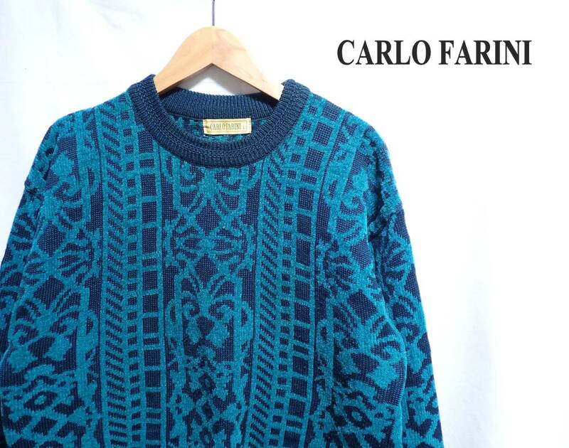 ☆おしゃれなデザインです　☆CARLOFARINI　☆デザインセーター　☆ニット　☆プルオーバー　☆グリーン系　☆メンズ　☆L