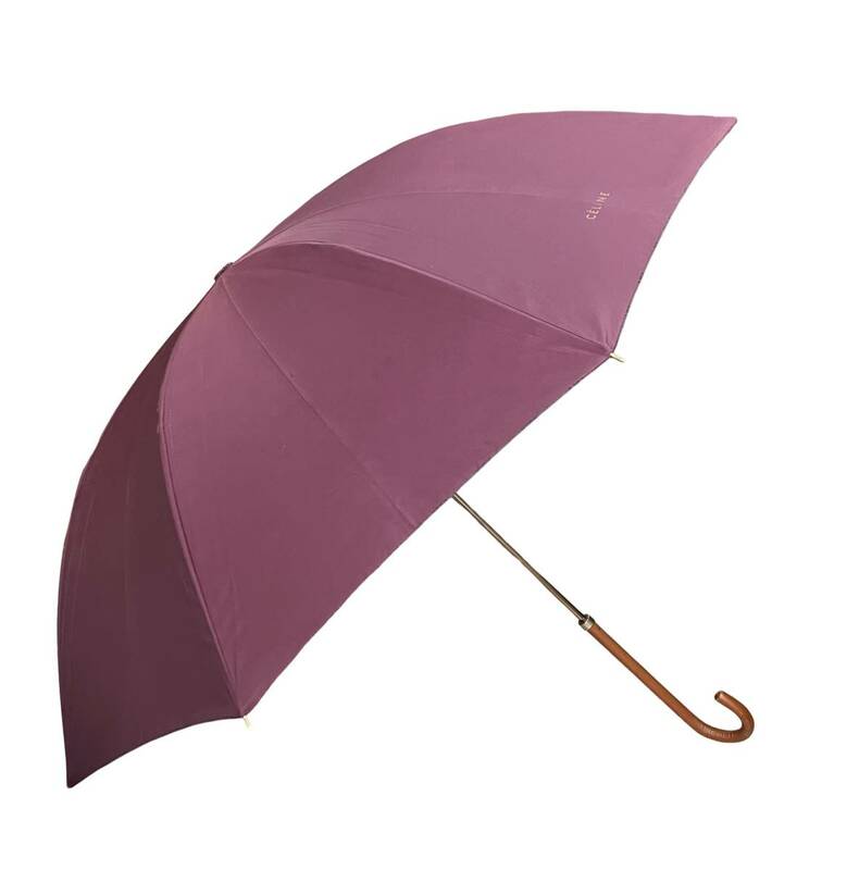 (志木)CELINE/セリーヌ 長傘 雨傘 手開き 内側マカダム柄 パープル×ブラウン 全長:約92cm 雨具 アンブレラ 