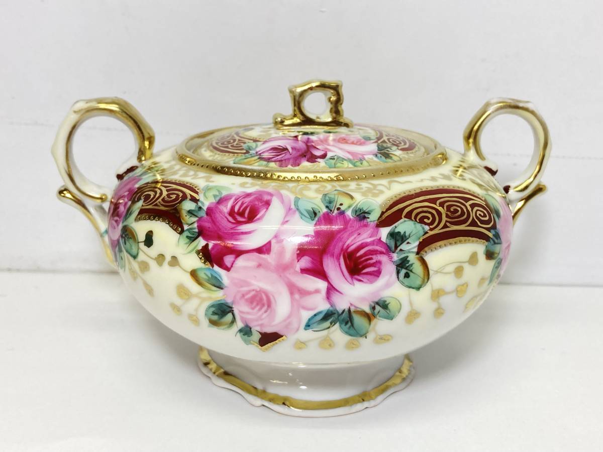 ★(志木)【アンティーク】Noritake(オールドノリタケ) 初期マルキ印 1902年 ブルー 薔薇絵 金点盛上 シュガーポット 金彩 ローズ
