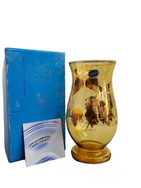 【未使用】 BOHEMIA KALI GLASS ボヘミアングラス 花瓶 花器 花柄 アンバー カリ・クリスタルガラス チェコ製 高さ26㎝