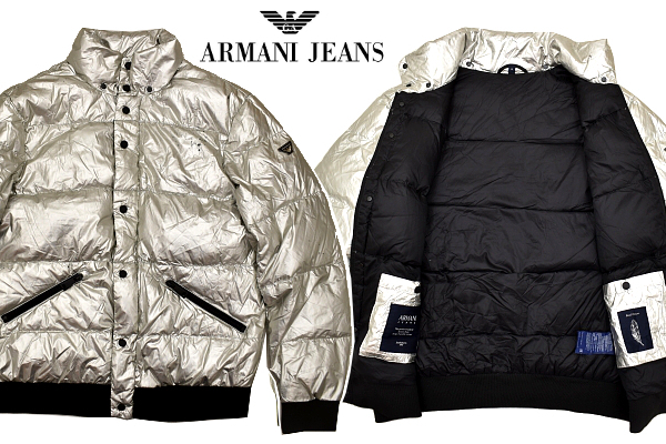 A-4541★ARMANI JEANS アルマーニ ジーンズ★正規品 メタルシルバー ボリューム感ある ダウンジャケット ジャンパー ブルゾン 52