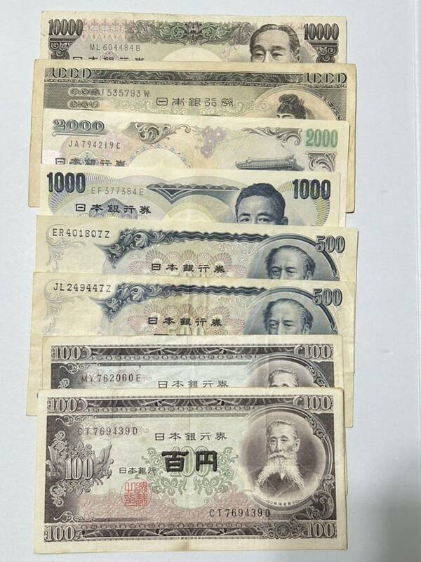 旧紙幣　万1枚、千円2、2000円1枚、500円2枚、100円2枚　8枚セントA(8-1)枚