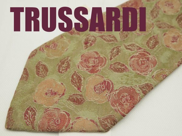 OB 262 トラサルディ TRUSSARDI ネクタイ ベージュ 黄緑色系 植物柄 ジャガード