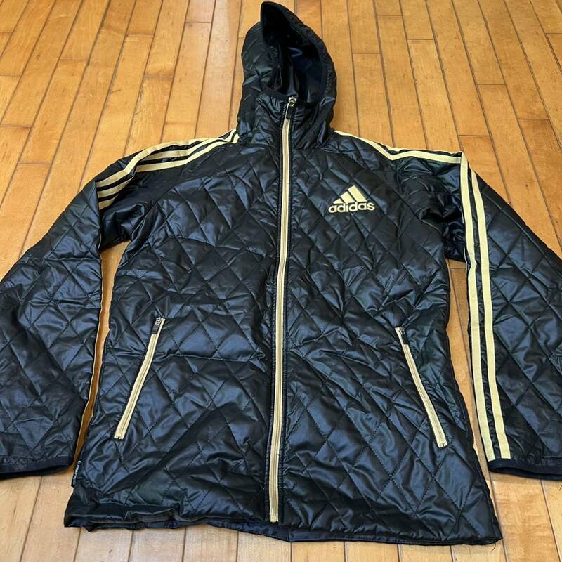 90's adidas キルティング フードJKT 黒金 S