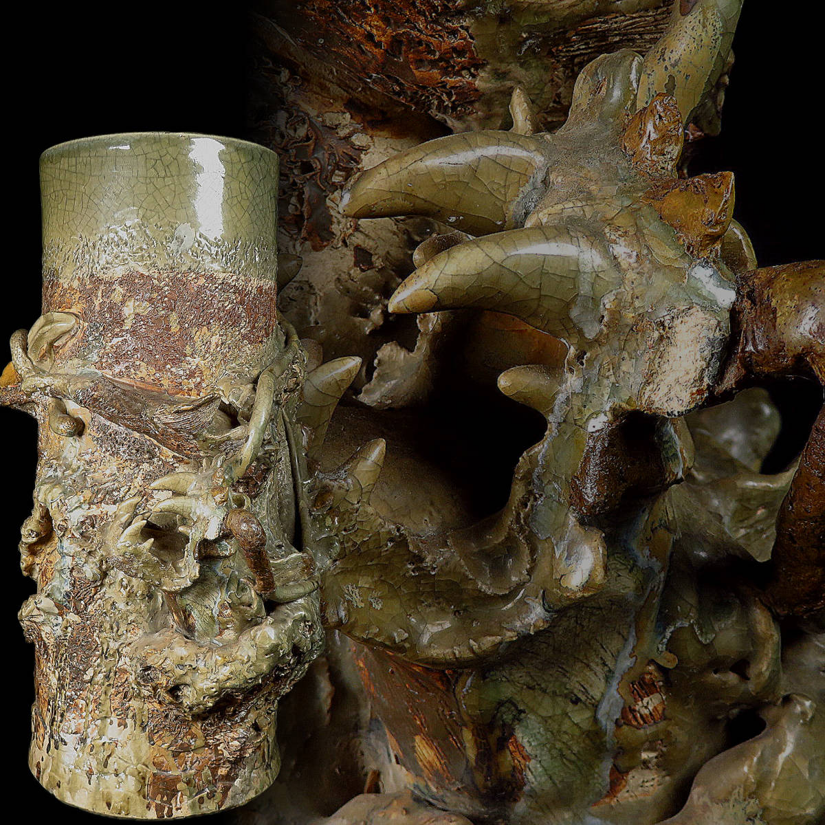 【SAKURAYA】高さ50.5cm 時代ある迫力の作品【相馬焼 双龍浮彫花瓶】飾壺 壷 花器 銅張 細密彫刻 古陶 骨董品 古美術品 在銘