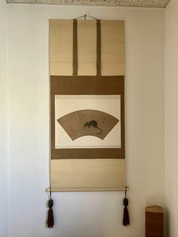 鼠扇面 紙本掛軸 掛け軸 日本美術 茶掛 時代物 骨董 收藏品