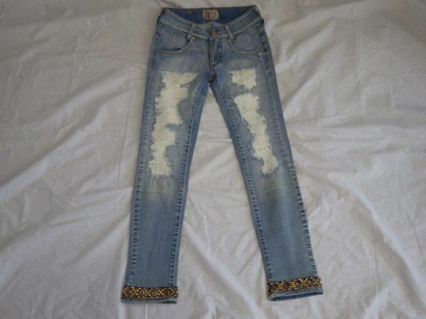 値下げ ◆少々訳あり品◆ MET in jeans メット 裾ビジュー使い ダメージ デニム 23インチ ブルー系 インポートブランド イタリア製