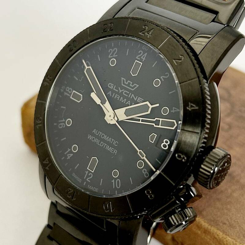 【新品】GLYCINE AIRMAN グリシンエアマン　紳士用腕時計 自動巻機械式44mm Black PVD 10気圧防水ダイバー GMT　GL0195 1054880