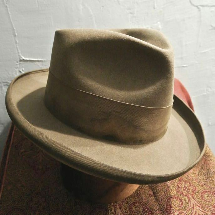 20s VINTAGE STETSON Select 7 1/4 Antique hat 58cmシルバーグレーグレージュホンブルグハットヴィンテージステットソンシルバーベリー