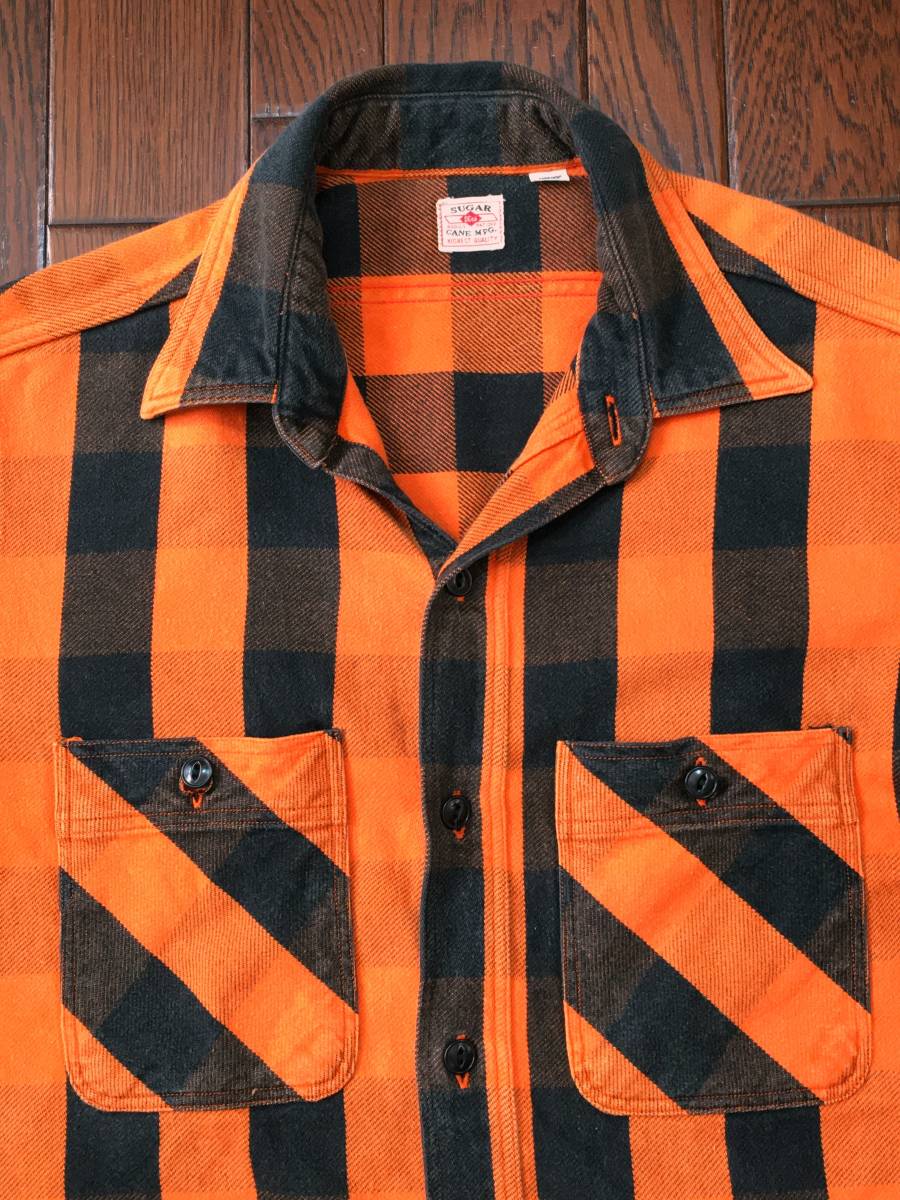 シュガーケーン SUGARCANE ブロックチェック ネルシャツ M オレンジ ブラック ハーレーカラー マチ付き ビンテージ スタイル ヘビーネル