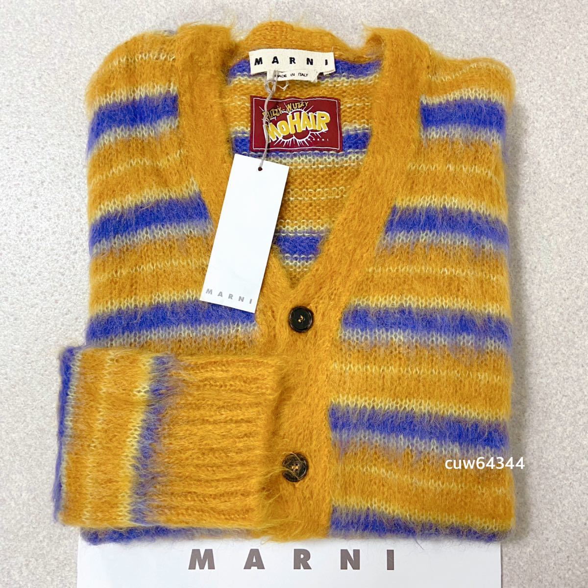 国内正規品 2021Aw~ 極美品 50（L〜XL対応） MARNI マルニ モヘア ニットカーディガン イエロー系×ブルー系 ブランド紙タグ