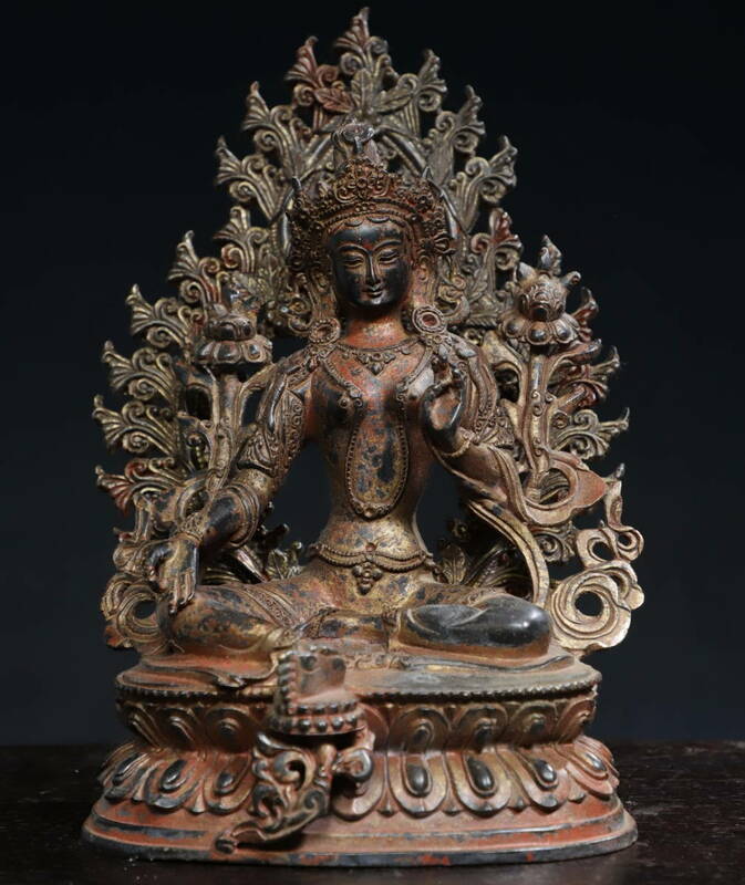 仏像 秘蔵 中國 清代 チベット仏教 銅製塗金 緑度母 仏教美術 細密造 置物 時代物 中国古美術 YF170