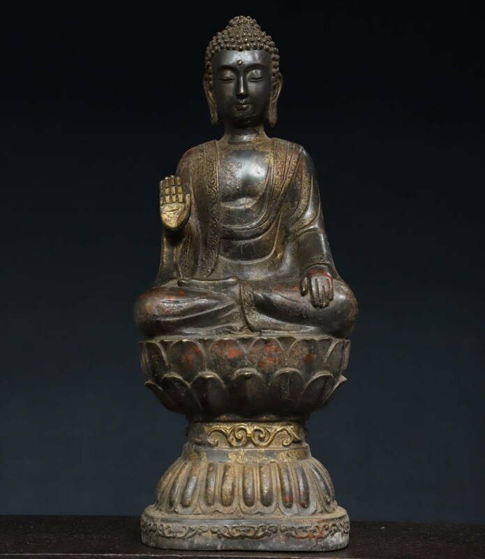 中國 清代 古銅彫 紫銅鍍金釋迦牟尼像 釈迦 仏教古美術 仏像 供養品 細密彫 置物 時代物 中国古美術 YF65