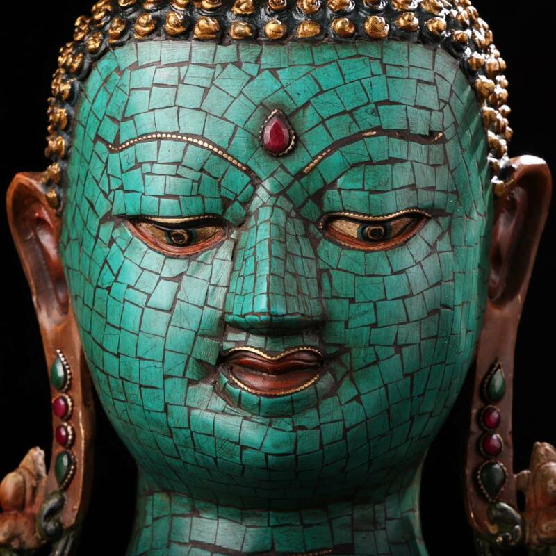 中國 清代 チベット仏教 銅製 彩絵蒔金象嵌宝石釈迦像です 仮面です 仏像 仏教古美術 供養品 細密彫 置物 時代物 NW162