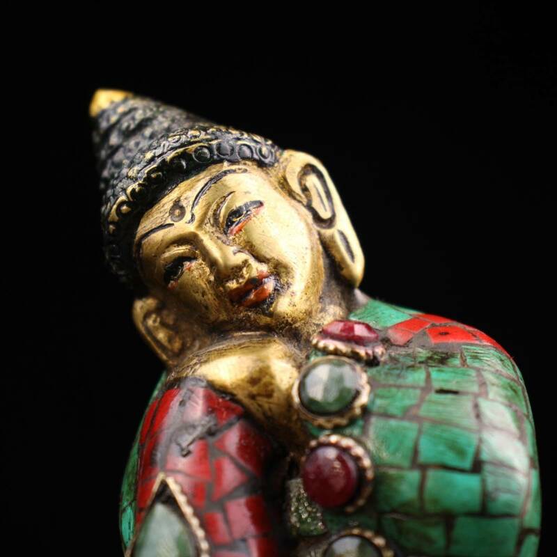 秘蔵 中國 清代 チベット仏教 銅製 彩繪嵌寶石 自在仏 仏像 仏教古美術 供養品 置物 時代物 古美術品 NW179
