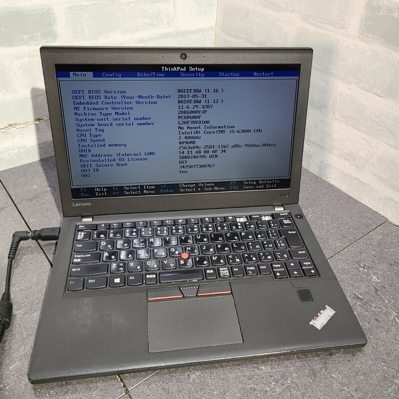 【現状品】管1W130 Lenovo ThinkPad X270 CPU core i5-6300U Bios起動OK HDD無し、メモリー4GB、バッテリー有り 