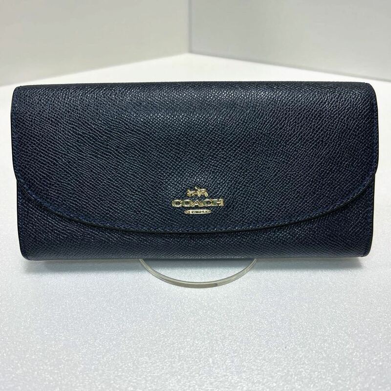 ◆COACH コーチ 長財布◆　スナップ式　クロスグレインレザー　L字ファスナー小銭入れ　ネイビー 【USED】1227B