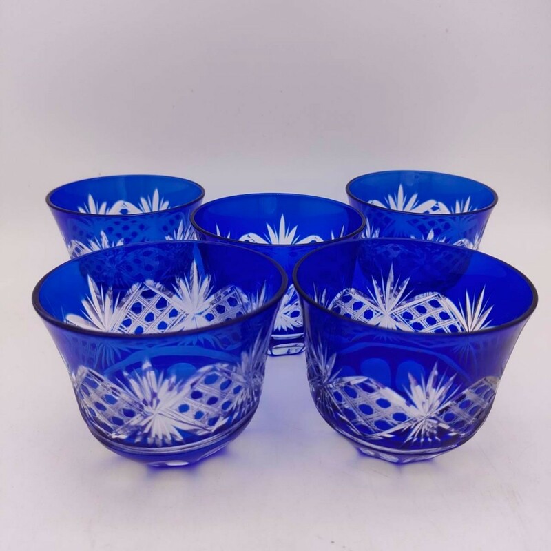 ② 江戸切子 グラス 5個 瑠璃色 ブルー 伝統工芸 職人技 青 コップ