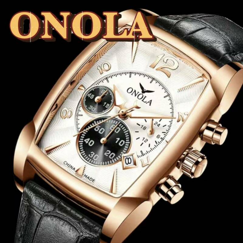 新品 ONOLA オマージュクロノグラフ ウォッチ レザーストラップ メンズ腕時計 ホワイト& ゴールド＆ブラック