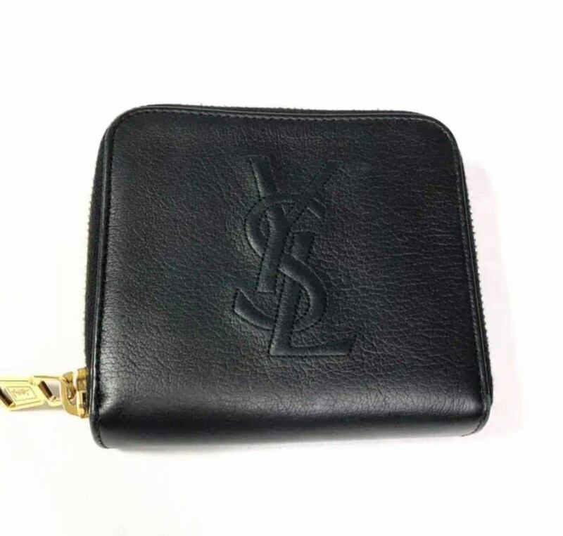 美品 イヴサンローラン レザー 二つ折り ラウンド 財布 ブラック コンパクト ゴールド金具 YSL コインケース 中古