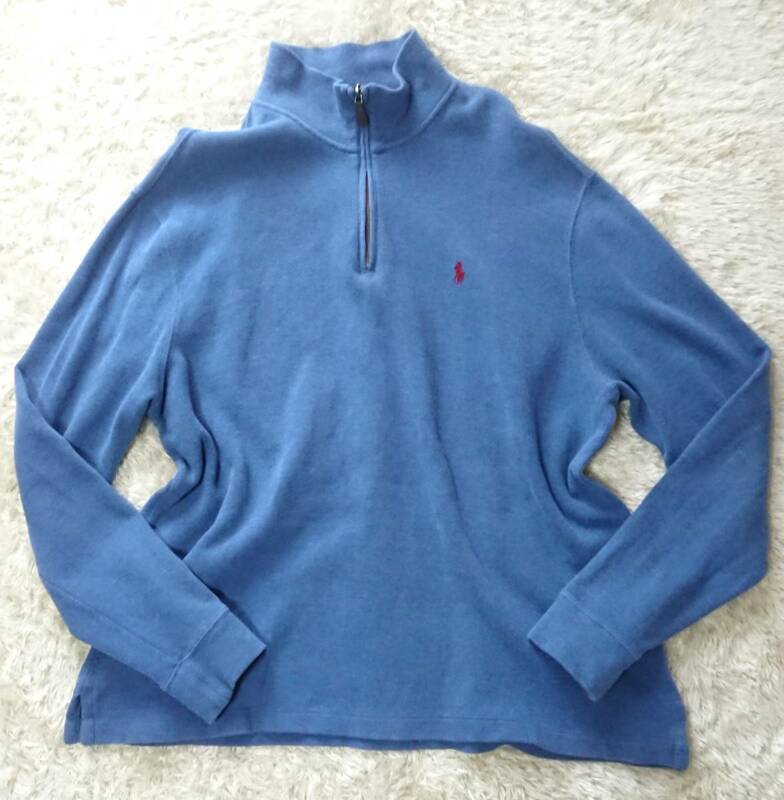 ポロバイラルフローレン Polo by Ralph Lauren　ハーフジップ　コットンセーター　無地　ブルー　綿100 XL　ポニーロゴ