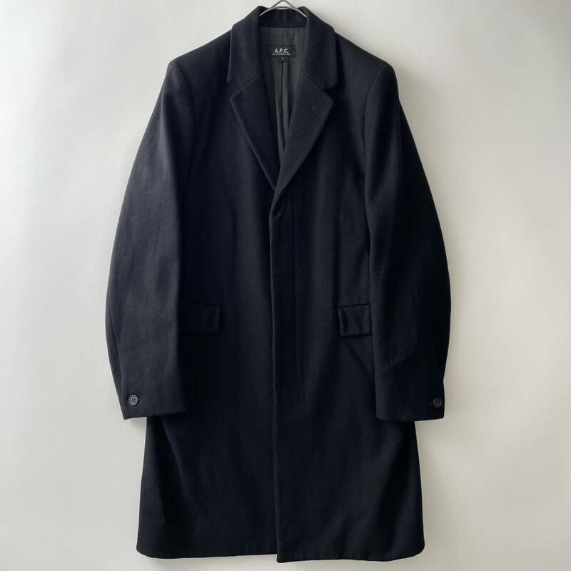 【初期/90s】A.P.C. size/S (pz) フランス製 アーペーセー メルトン ウール チェスターコート アウター ブラック 黒 FRANCE coat