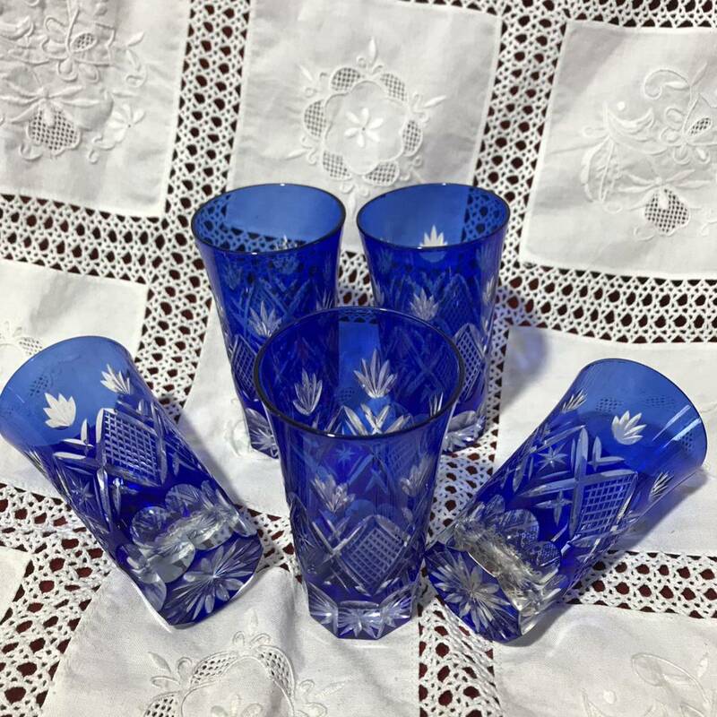 C311 切子ガラス ビアグラス 5点セット 青 藍色 グラス 工芸品 伝統工芸 酒器