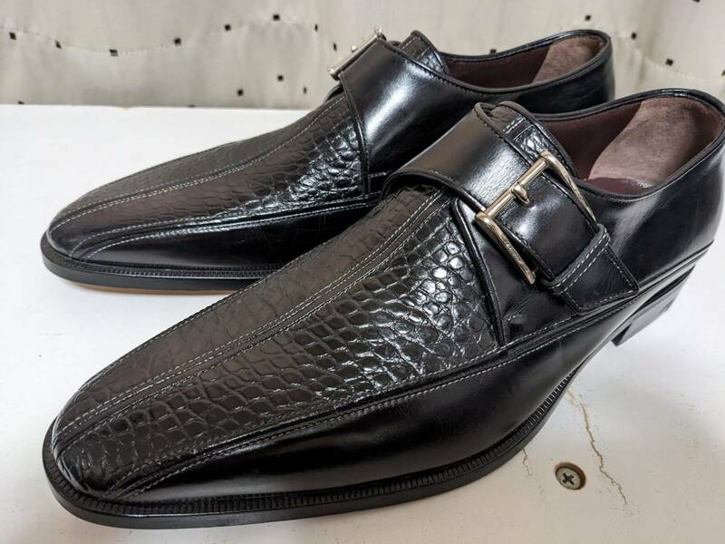 新品同様品 a.testoni ア テストーニ BLACK LABEL リアル クロコダイル レザー シングルモンク シューズ 靴 5.5 ブラック
