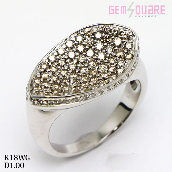 【値下げ交渉可】K18WG ダイヤモンド リング 指輪 ブラウンダイヤ パヴェ D1.00 8.6g 15号 仕上げ済